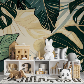 Lush green tropical wallpaper transforming modern kids bedroom into botanical paradise