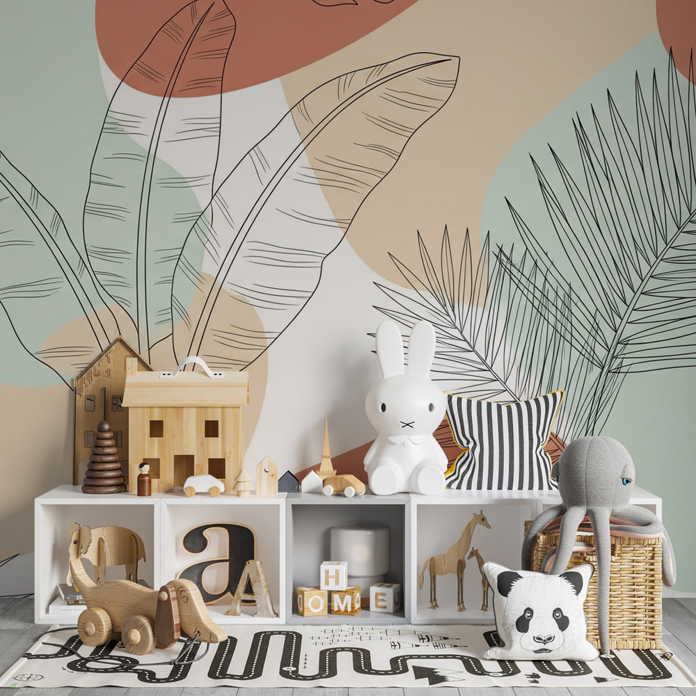 Three-color tropical botanical wallpaper creating calming atmosphere in children's bedroom