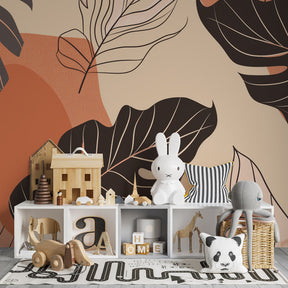 Modern botanical wallpaper creating warm atmosphere in children's bedroom with terracotta tones