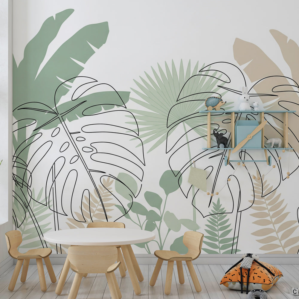 Modern tropical wallpaper creating serene kids bedroom with green foliage patterns and geometric lines