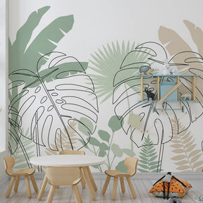 Modern tropical wallpaper creating serene kids bedroom with green foliage patterns and geometric lines