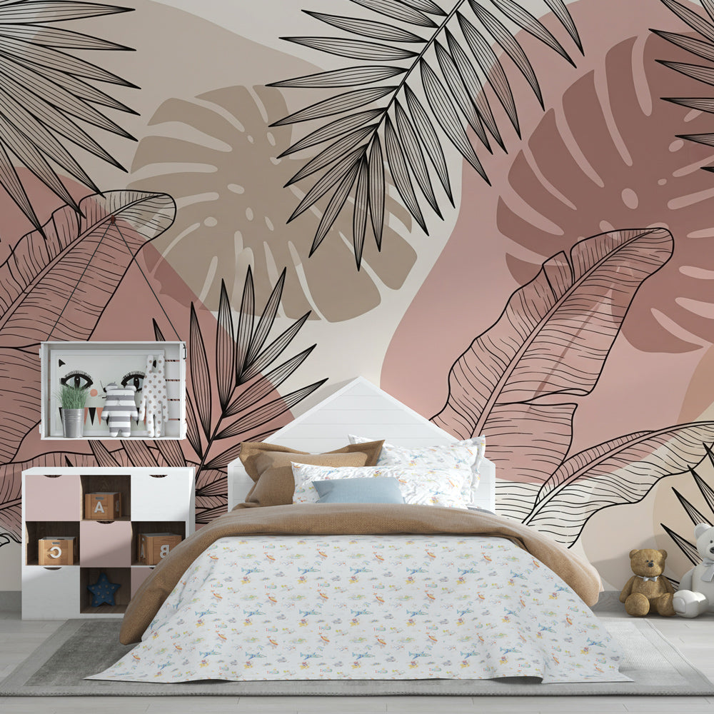 Linear tropical foliage wallpaper creating serene atmosphere in children's bedroom decor