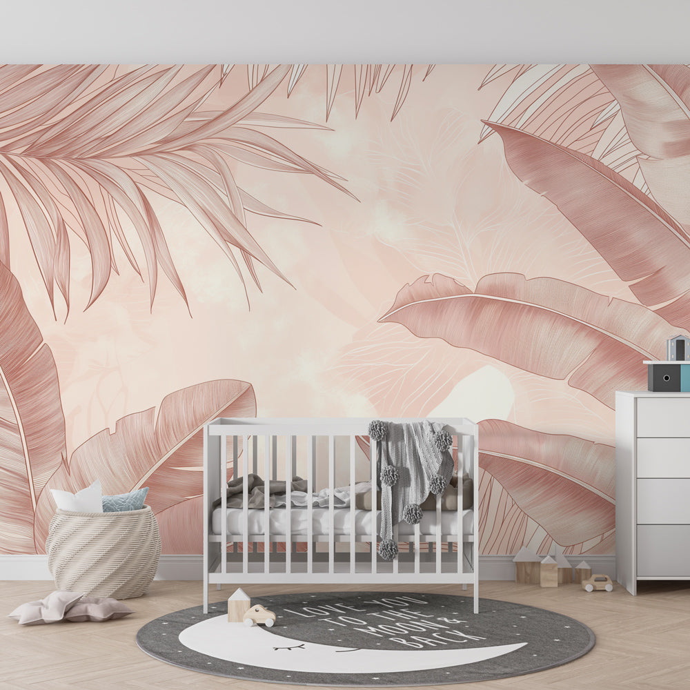 Pink botanical mural wallpaper creating calming atmosphere in children's bedroom by Kids-Mundo