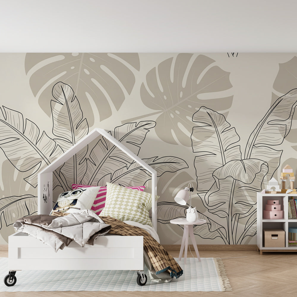 Beige tropical botanical wallpaper creating serene atmosphere in children's bedroom decor