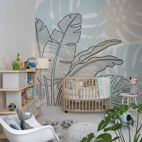 Botanical leaf pattern wallpaper creating calming kids bedroom atmosphere with natural decor