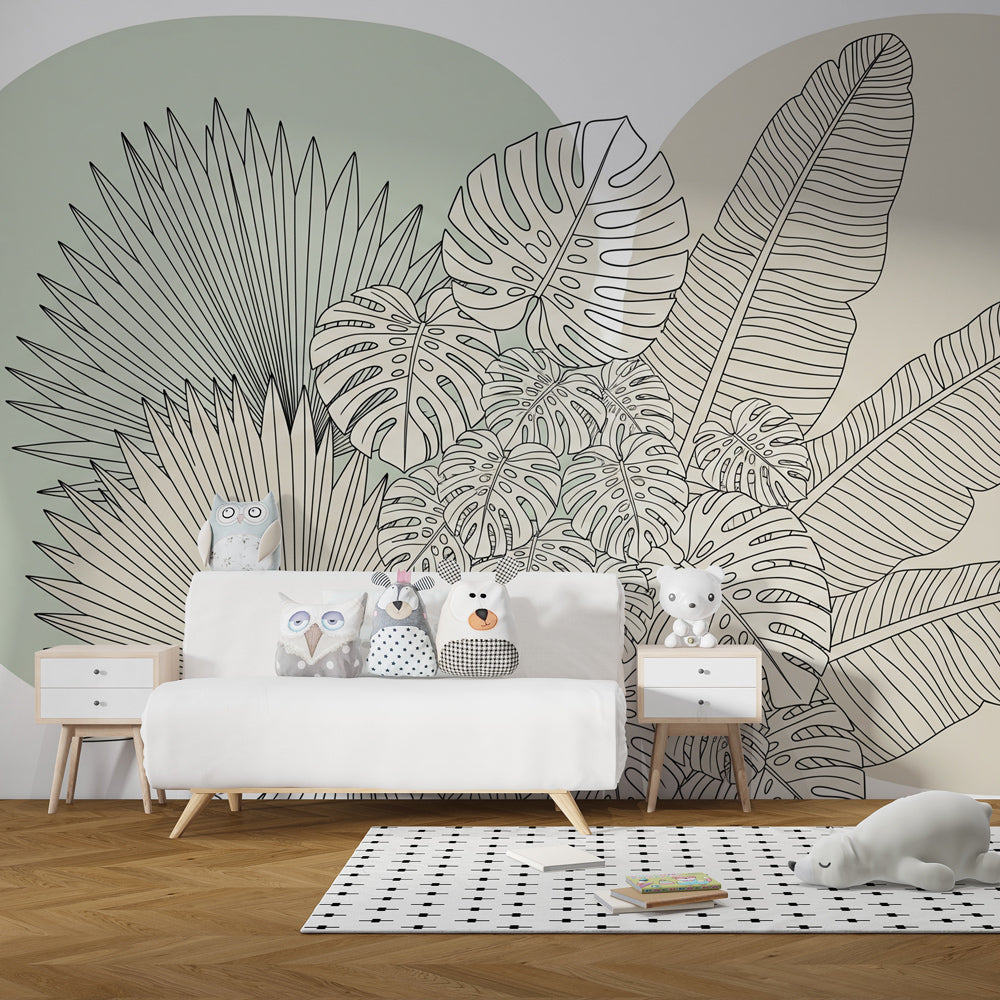 Botanical jungle mural wallpaper with monstera patterns in modern kids bedroom setting