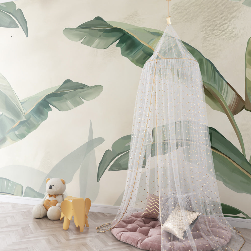 Green tropical leaves wallpaper transforming children's bedroom into peaceful botanical retreat