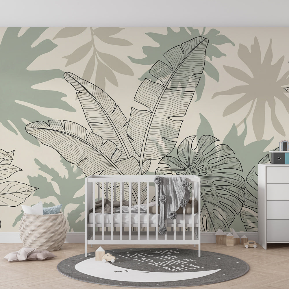 Elegant tropical leaf wallpaper in modern kids bedroom with natural wood furniture and beige backdrop