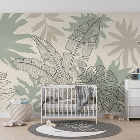 Elegant tropical leaf wallpaper in modern kids bedroom with natural wood furniture and beige backdrop