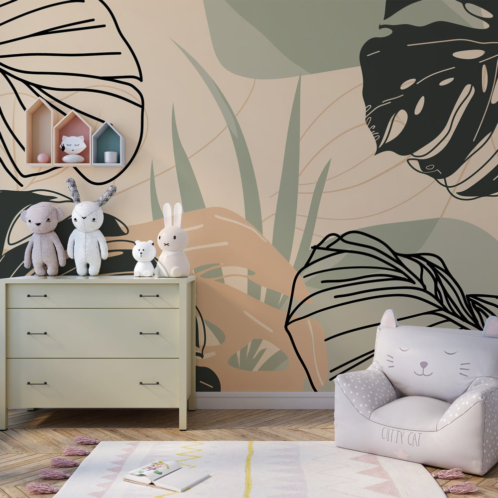 Stylized tropical leaves wallpaper transforming modern kids bedroom with calming nature motifs