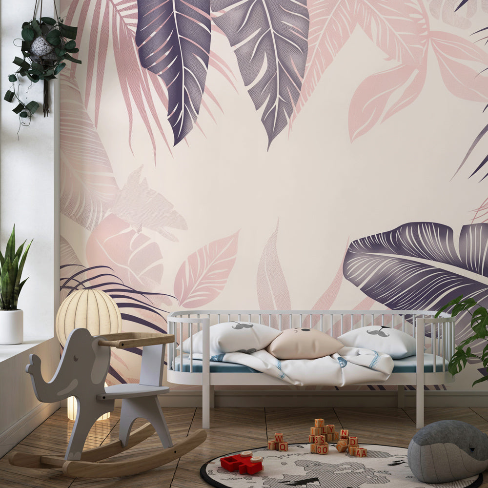 Delicate botanical mural wallpaper creating serene atmosphere in children's bedroom