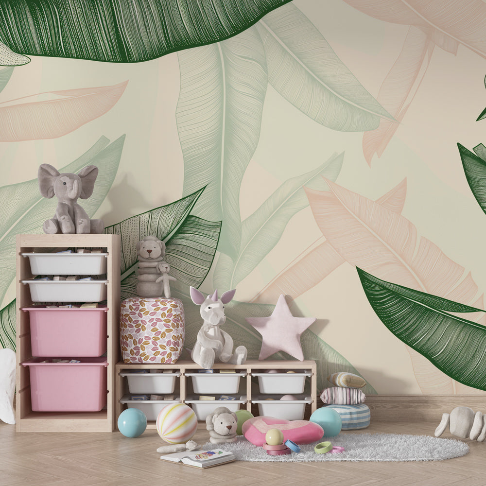 Delicate tropical foliage wallpaper transforming kids bedroom with botanical nature theme