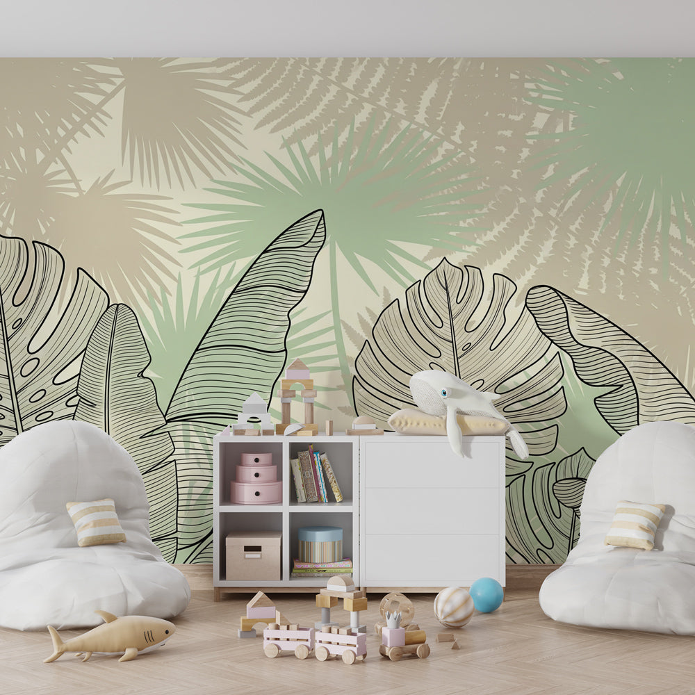 Exotic foliage mural wallpaper with natural wood furniture in kids room by Kids-Mundo