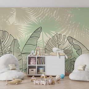 Exotic foliage mural wallpaper with natural wood furniture in kids room by Kids-Mundo