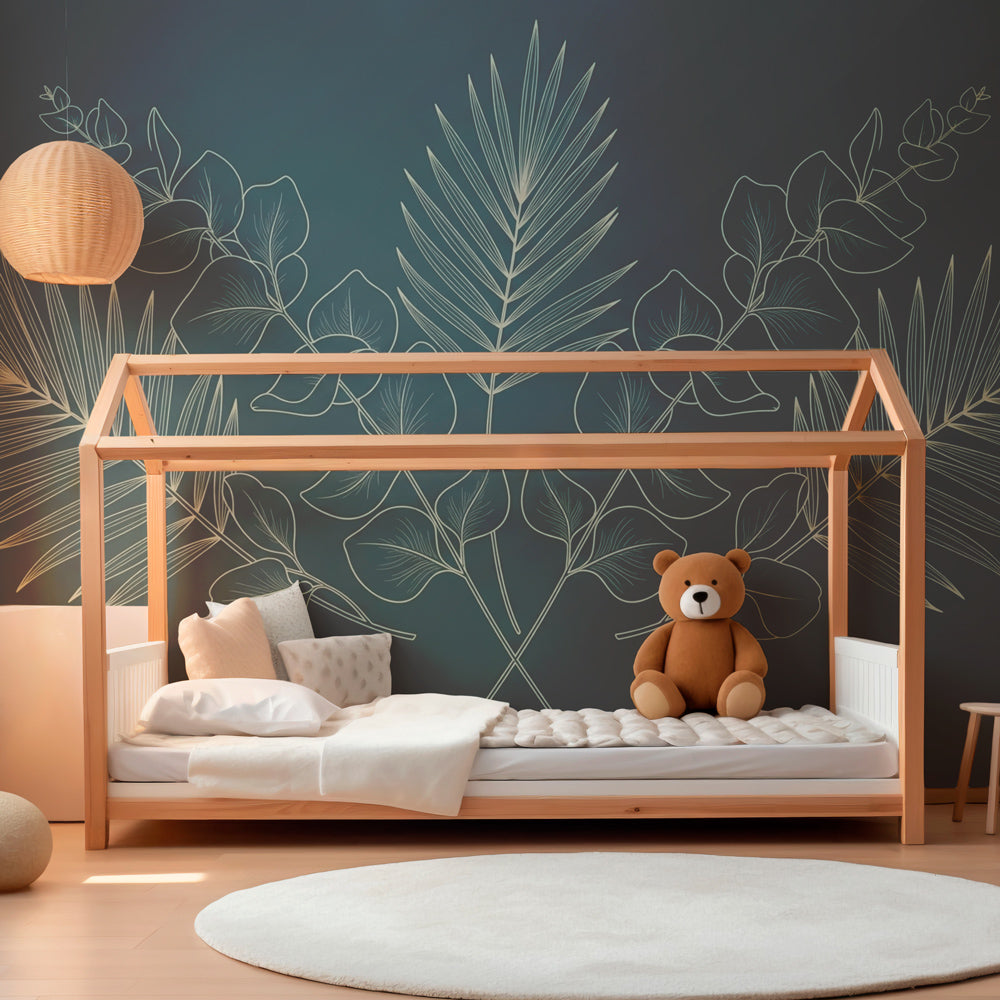 Elegant tropical foliage wallpaper complementing natural wood furniture in children's room