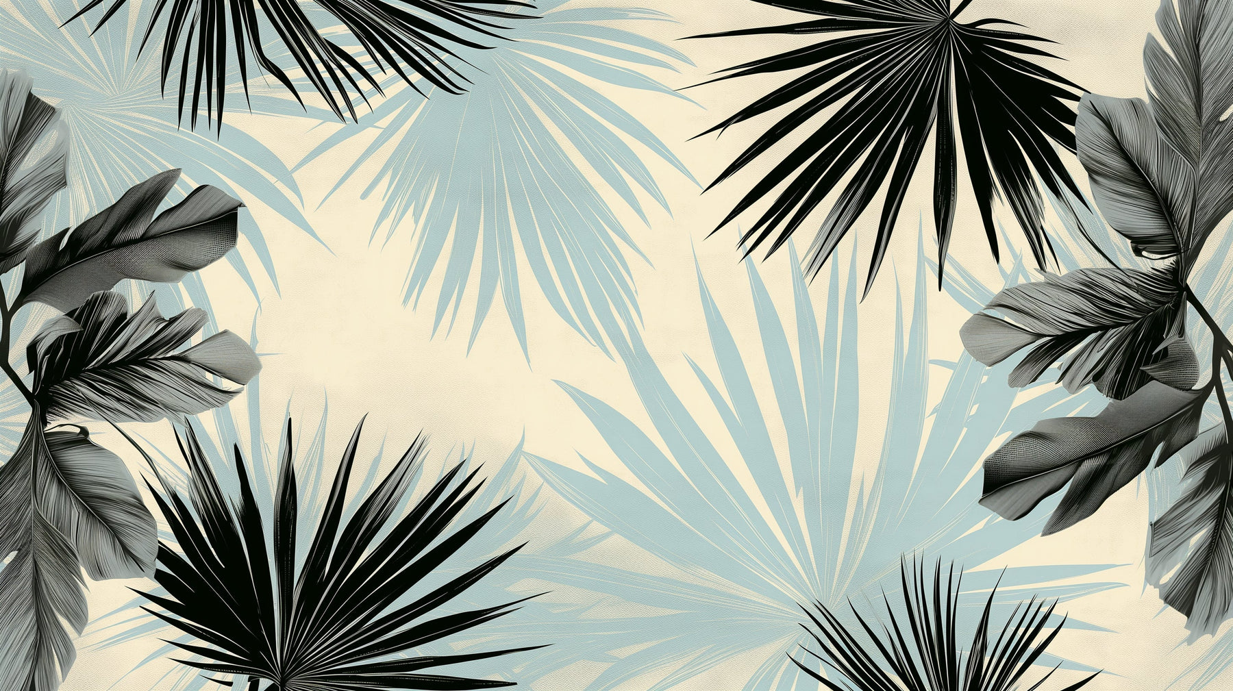 Detailed tropical leaves mural wallpaper design pattern in navy blue and black by Kids-Mundo