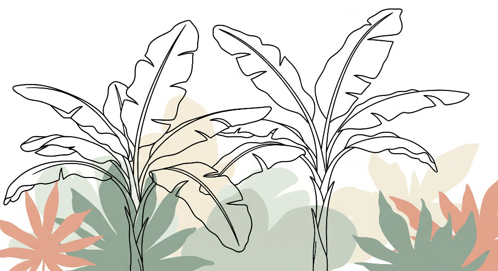 Detailed tropical leaves mural wallpaper design pattern in sage green and terracotta by Kids-Mundo