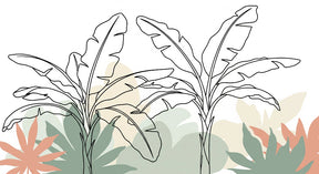 Detailed tropical leaves mural wallpaper design pattern in sage green and terracotta by Kids-Mundo