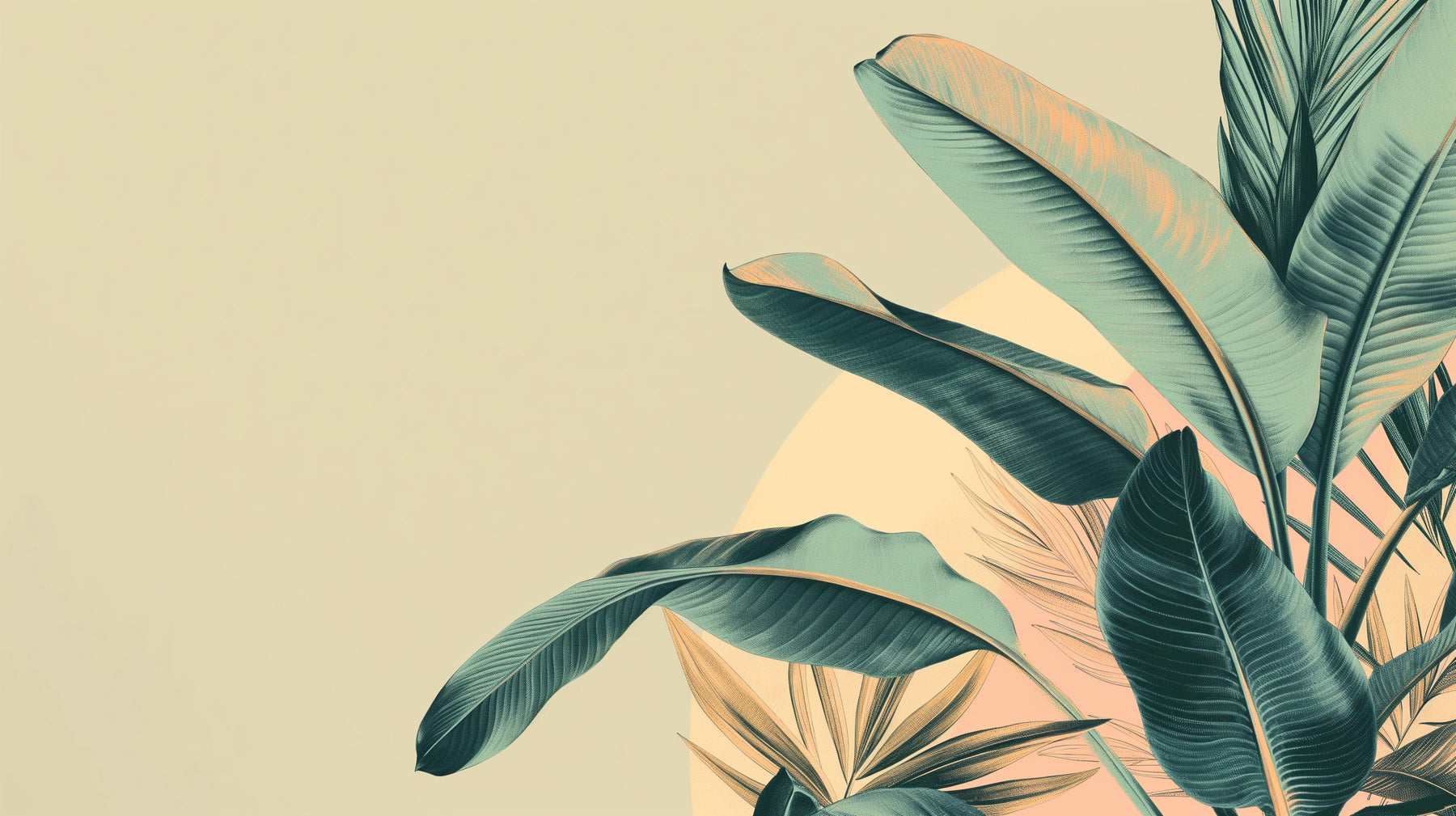 Detailed tropical leaves mural wallpaper design pattern in soft greens and beige tones by Kids-Mundo