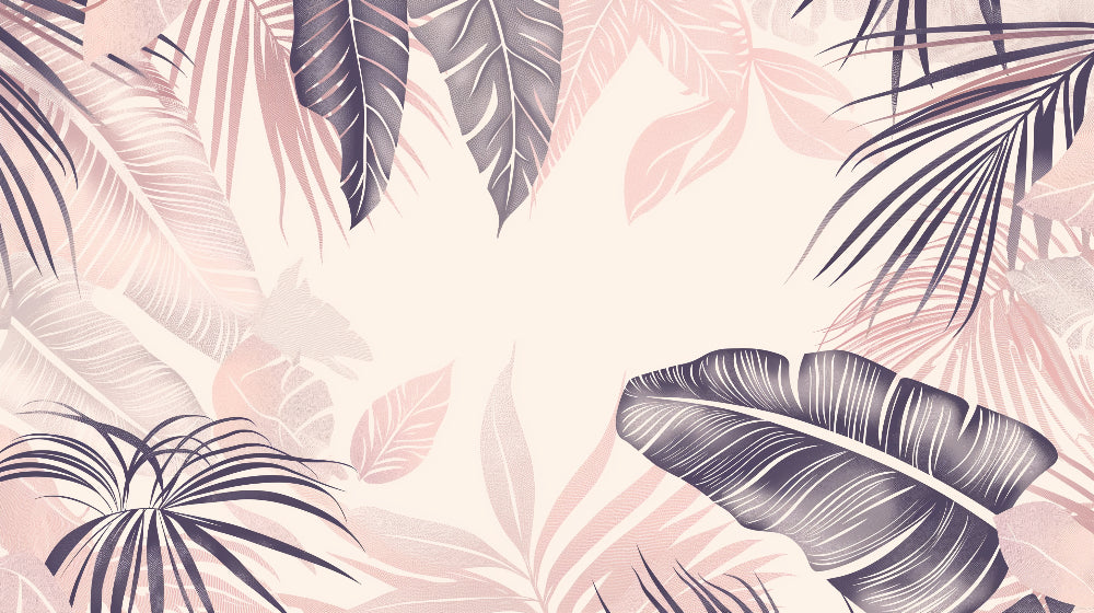 Detailed tropical leaves mural wallpaper design pattern in rose and violet tones by Kids-Mundo