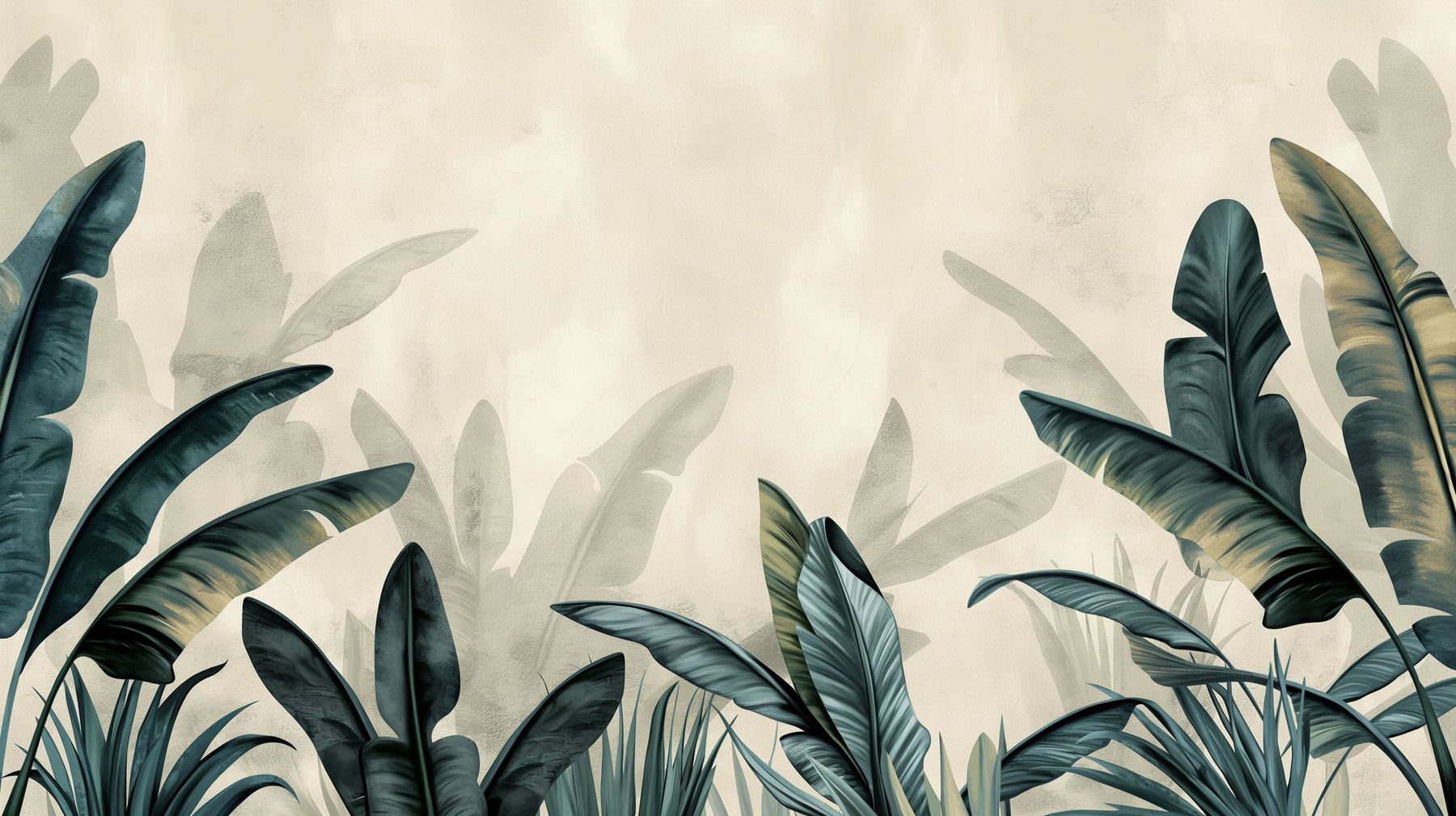 Detailed tropical leaves mural wallpaper design pattern on beige background by Kids-Mundo