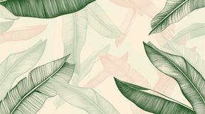Detailed tropical leaves mural wallpaper design pattern in soft green and pink by Kids-Mundo