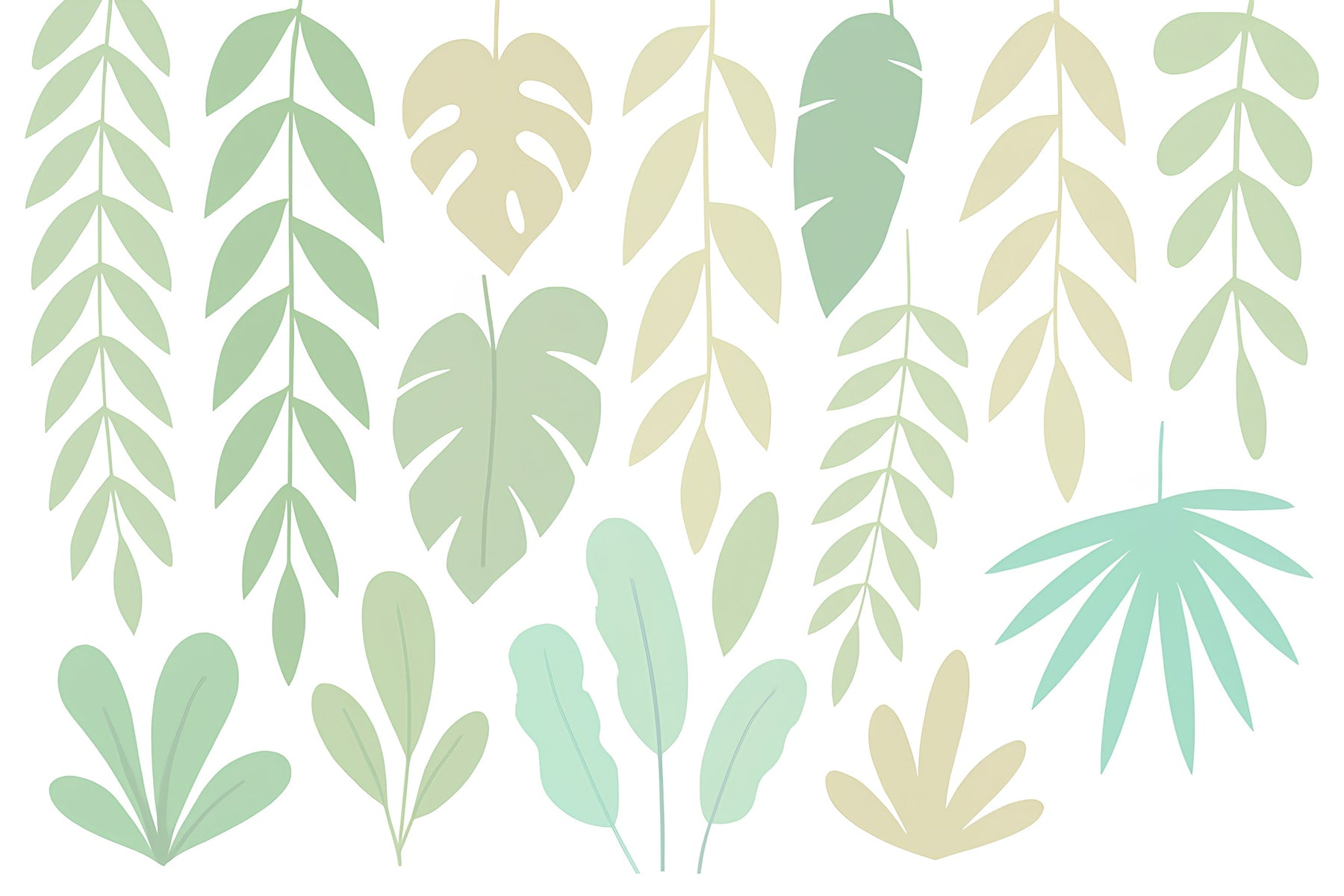 Detailed tropical leaves mural wallpaper design pattern in green shades by Kids-Mundo