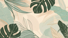 Detailed tropical leaves mural wallpaper design pattern in green and beige by Kids-Mundo