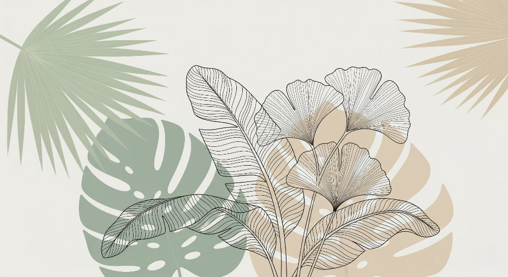 Detailed tropical leaves mural wallpaper design pattern in minimalist sage green and beige by Kids-Mundo