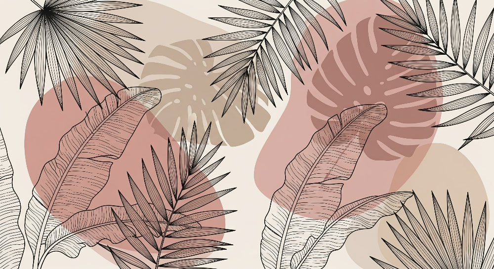 Detailed tropical leaves mural wallpaper design pattern with linear foliage motifs by Kids-Mundo