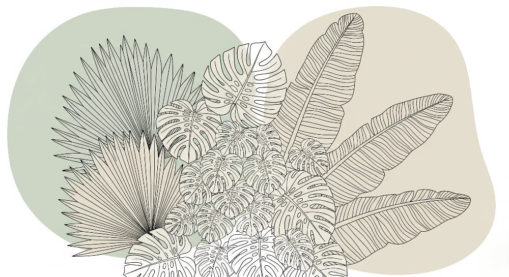 Detailed tropical leaves outline mural wallpaper design pattern with monstera and palm motifs by Kids-Mundo