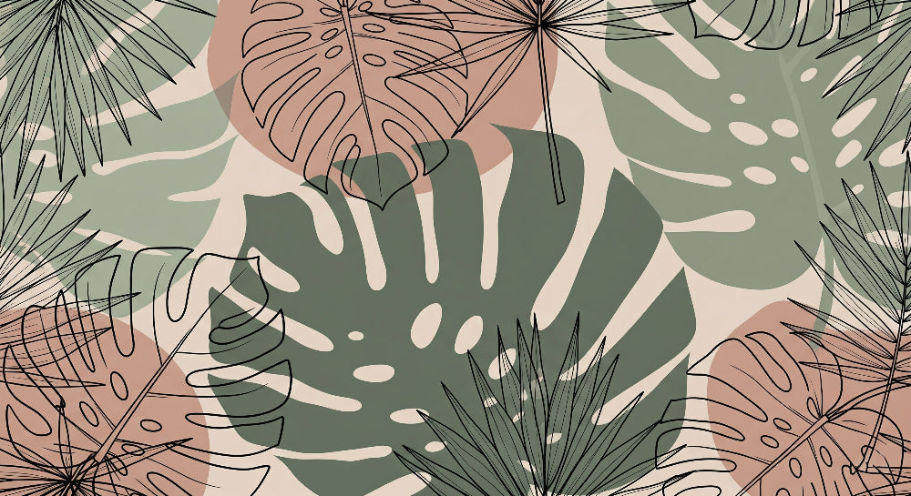 Detailed tropical leaves watercolor mural wallpaper design pattern with botanical motifs by Kids-Mundo
