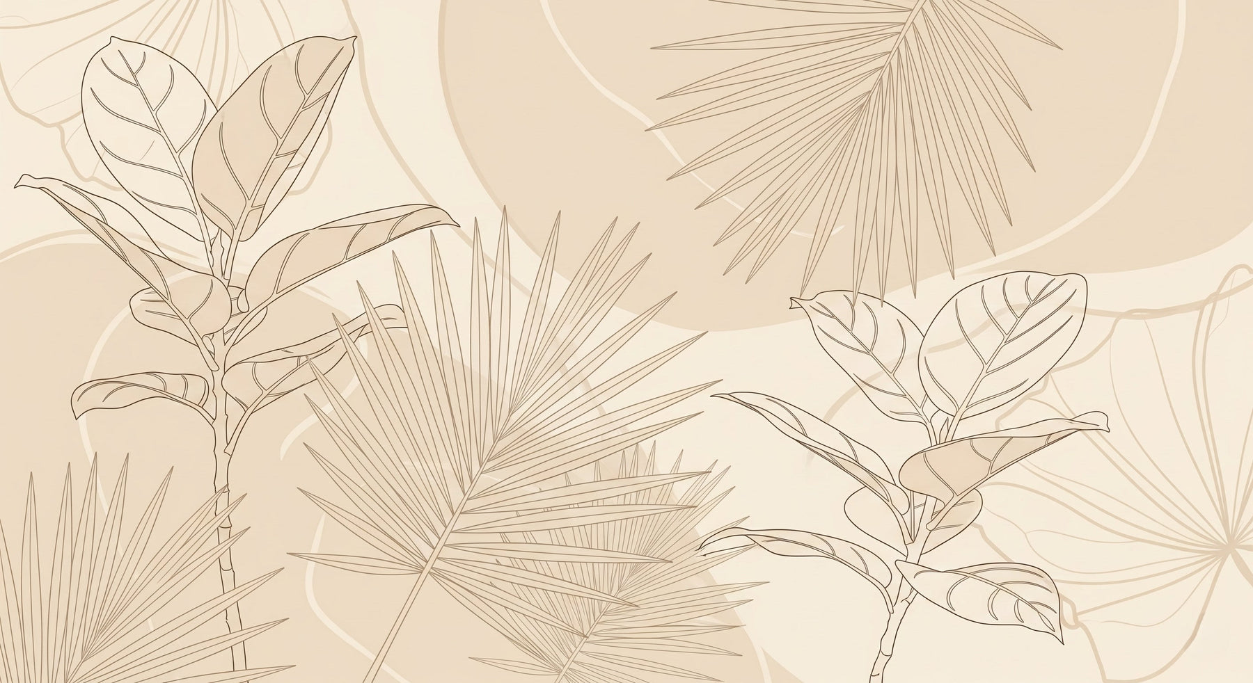 Detailed tropical leaves mural wallpaper design pattern in minimalist beige by Kids-Mundo
