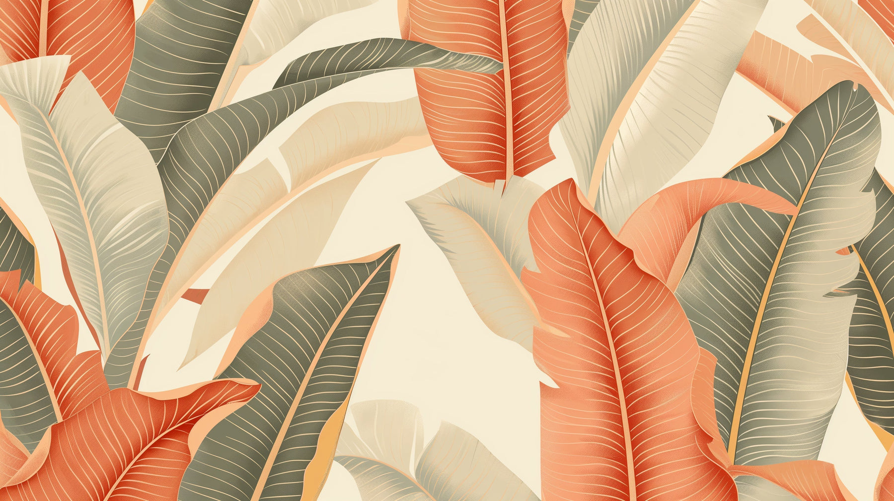 Detailed tropical leaves mural wallpaper design pattern in soft green tones by Kids-Mundo