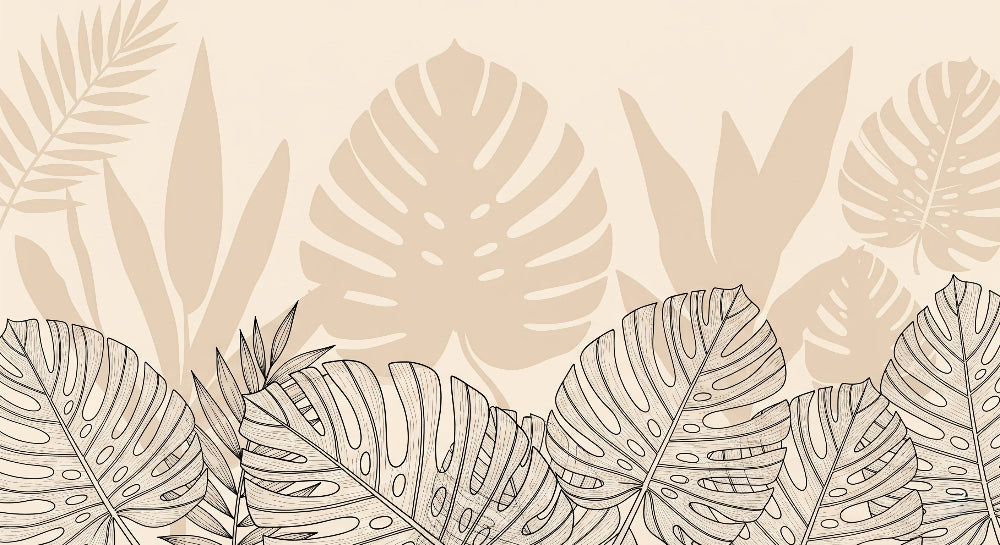 Detailed tropical leaves mural wallpaper design pattern in beige with shadow effects by Kids-Mundo