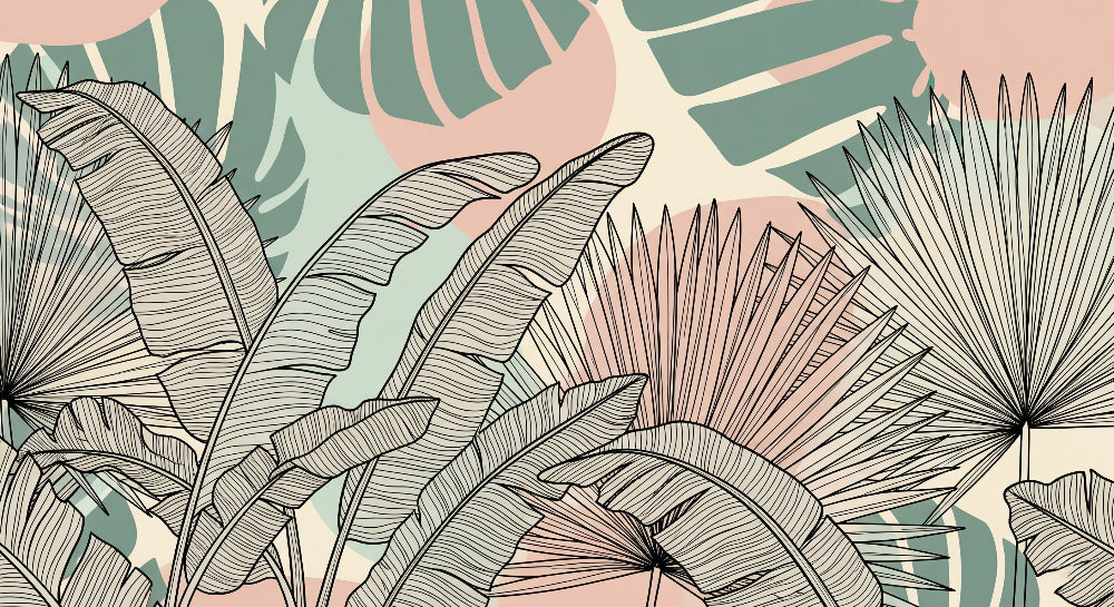 Detailed tropical leaves mural wallpaper design pattern with modern botanical elements by Kids-Mundo