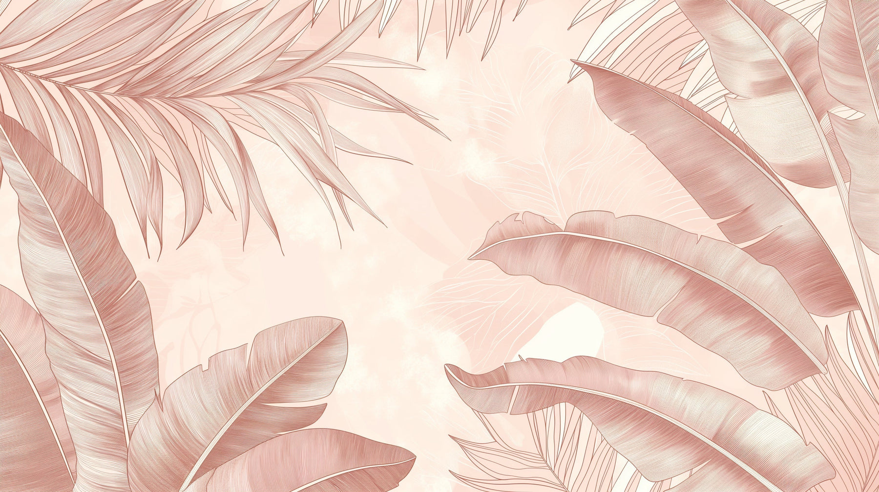 Detailed tropical leaves mural wallpaper design pattern in soft pink botanical motifs by Kids-Mundo