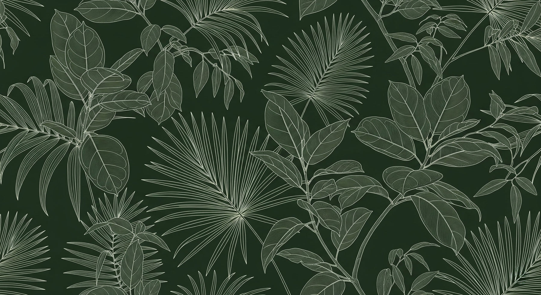 Detailed tropical leaves mural wallpaper design pattern with white outlines on green background by Kids-Mundo