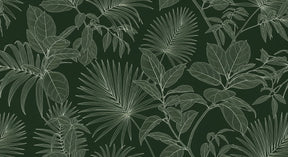 Detailed tropical leaves mural wallpaper design pattern with white outlines on green background by Kids-Mundo