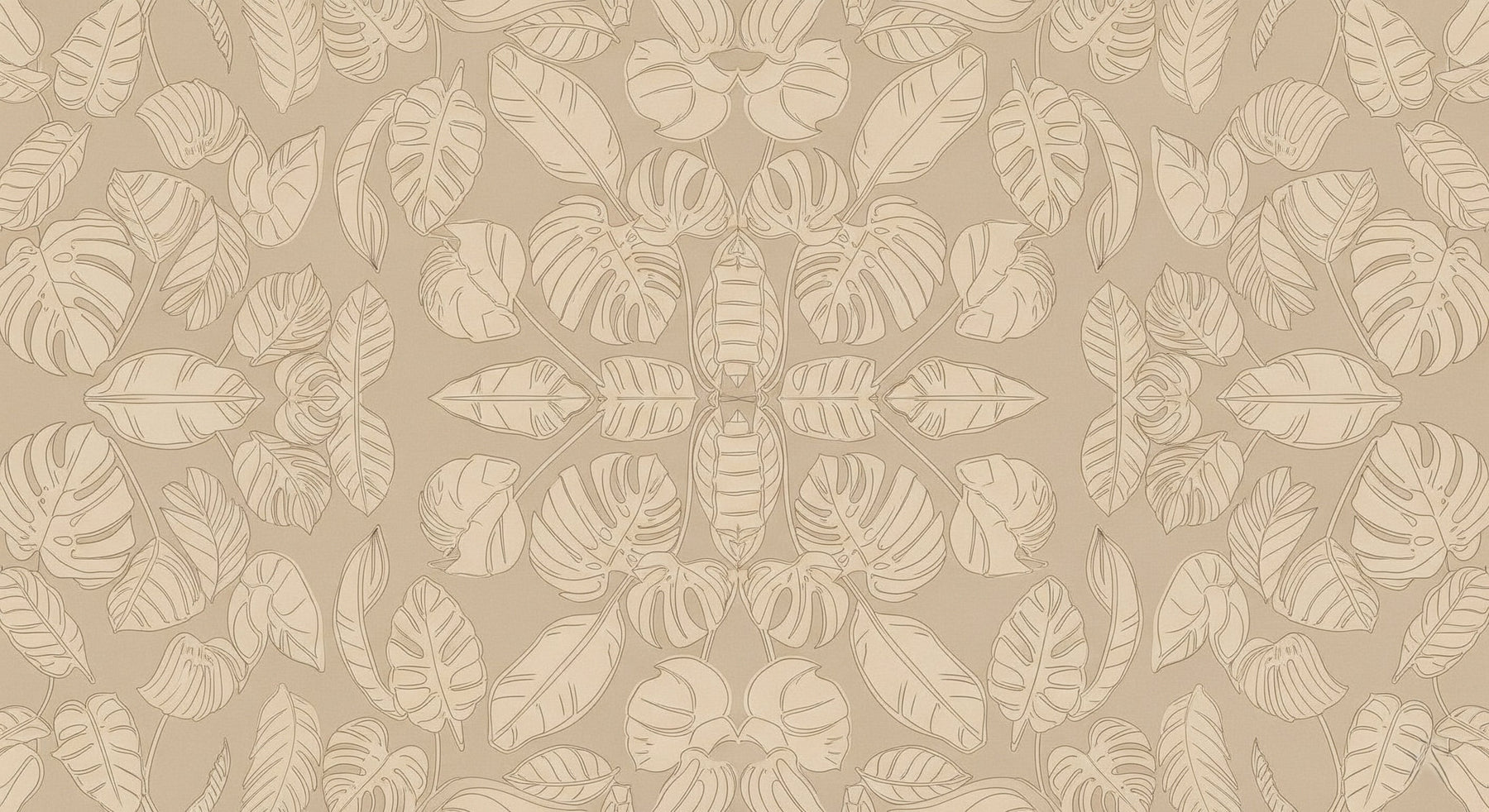 Detailed tropical leaves mural wallpaper design pattern in soft beige by Kids-Mundo