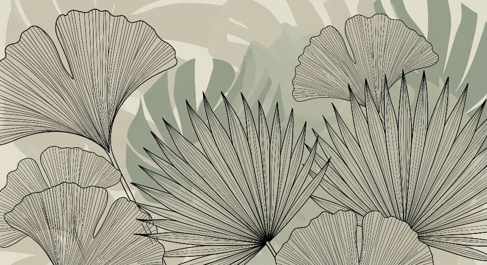Detailed tropical leaves mural wallpaper design pattern showing abstract botanical motifs by Kids-Mundo