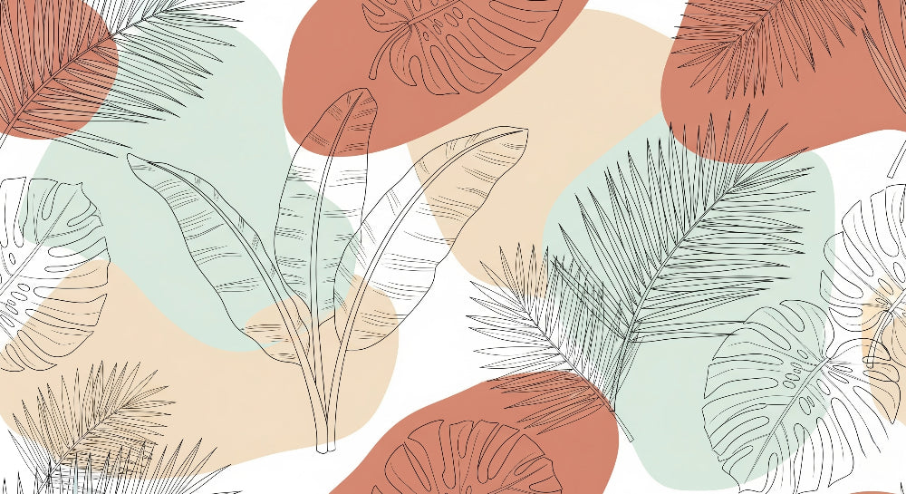 Detailed tropical leaves mural wallpaper design pattern with terracotta and green tones by Kids-Mundo
