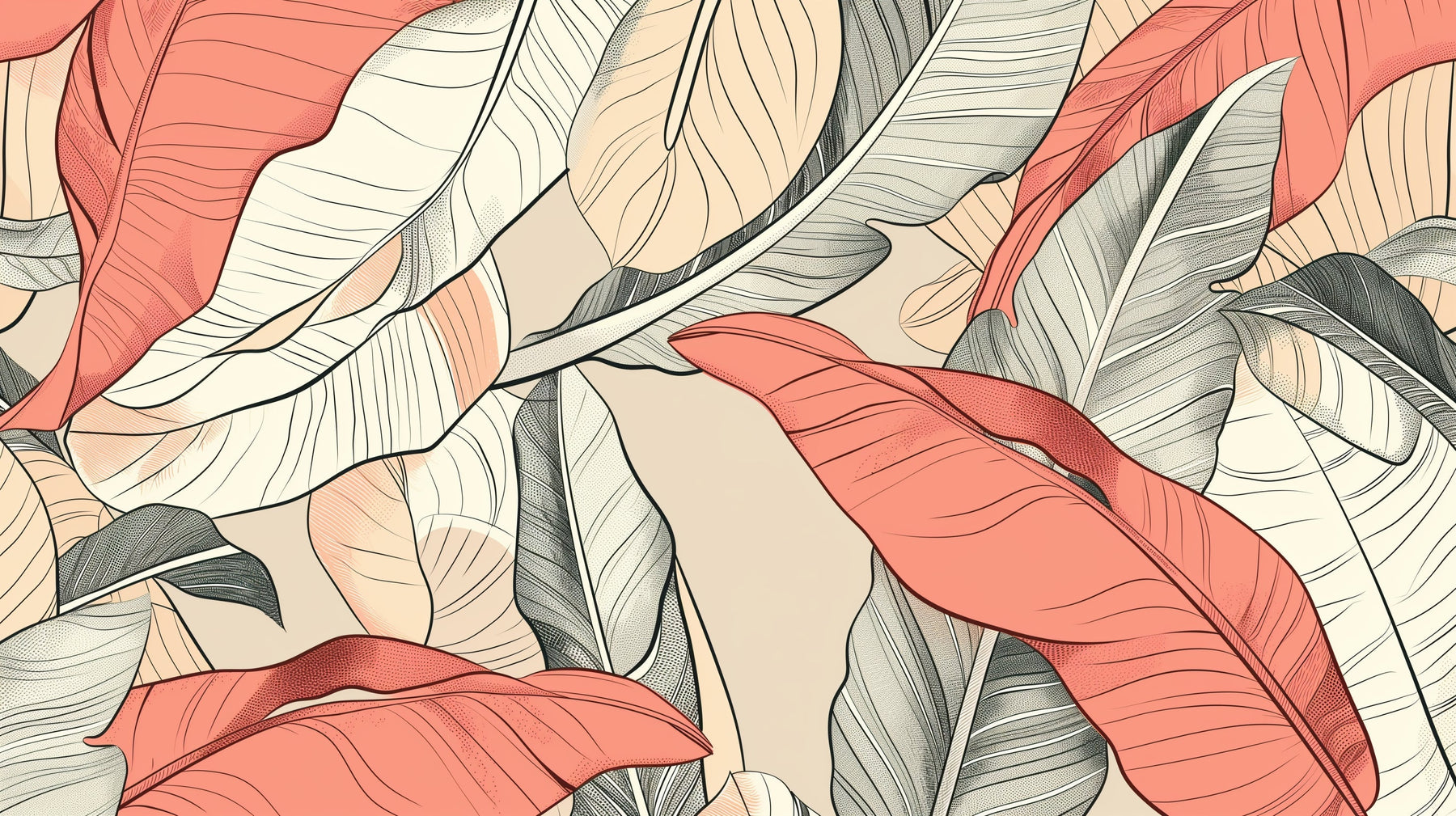 Detailed tropical leaves mural wallpaper design pattern in coral pink and green by Kids-Mundo