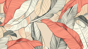 Detailed tropical leaves mural wallpaper design pattern in coral pink and green by Kids-Mundo