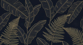Detailed tropical leaves mural wallpaper design pattern with golden foliage on dark background by Kids-Mundo