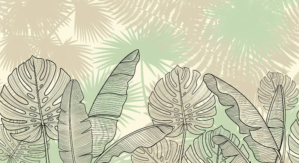 Detailed tropical leaves mural wallpaper design pattern with green outlines by Kids-Mundo