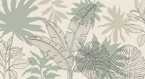 Detailed tropical leaves mural wallpaper design pattern showing green and black botanical elements by Kids-Mundo