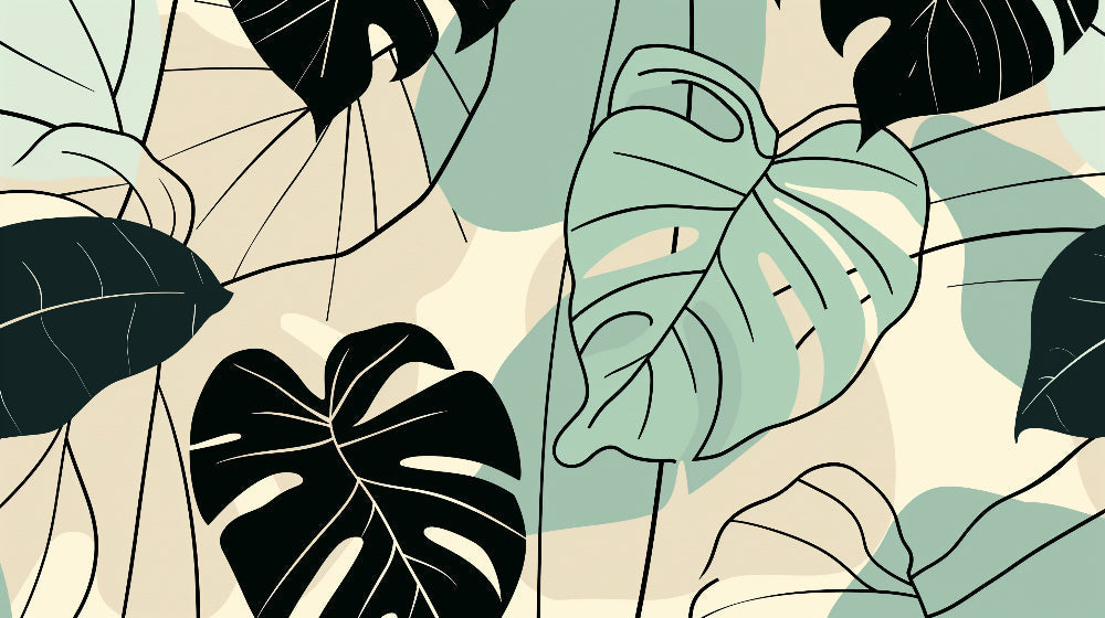 Detailed tropical leaves mural wallpaper design pattern in mint green and beige by Kids-Mundo