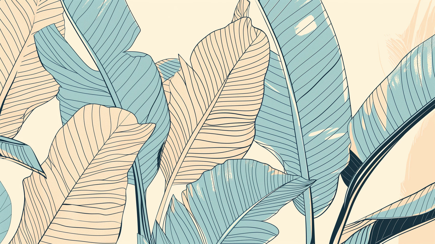 Detailed tropical leaves mural wallpaper design pattern showing botanical elements in blue and beige by Kids-Mundo
