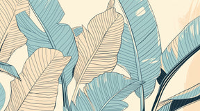 Detailed tropical leaves mural wallpaper design pattern showing botanical elements in blue and beige by Kids-Mundo